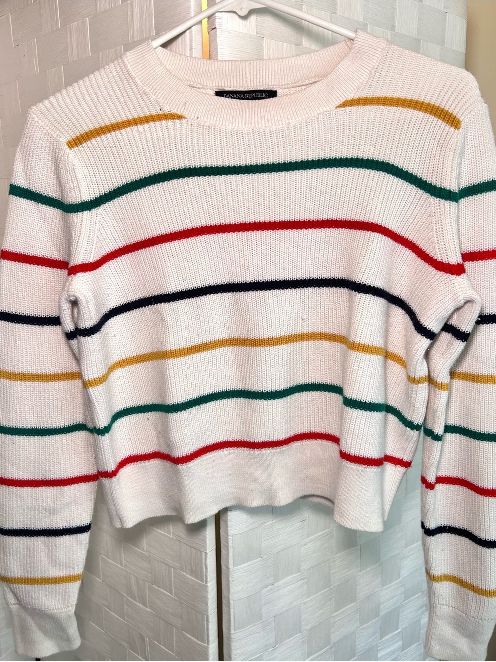 Banana Republic White Crewneck Sweater with Multicolor Stripes